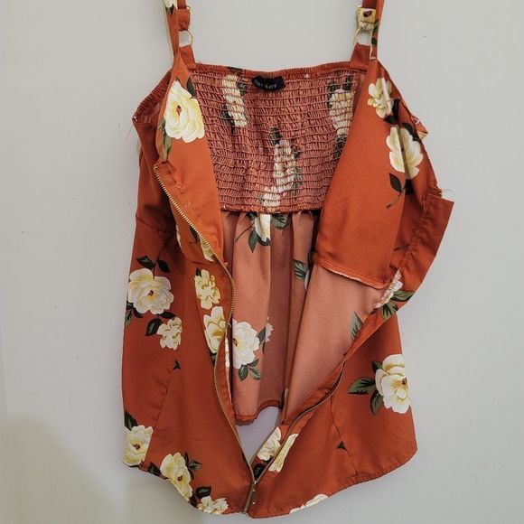 NEW GLORY Orange Floral Print Center Zip Tank Top, Large - Picture 6 of 13